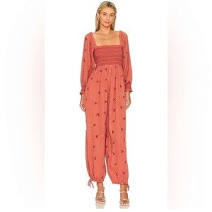 Free People women’s size S Dahlia embroidered floral print jumpsuit in pink/red
